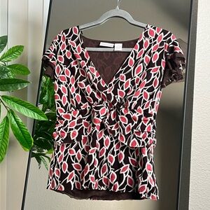 Brown And Pink Leaf Print Floral Blouse